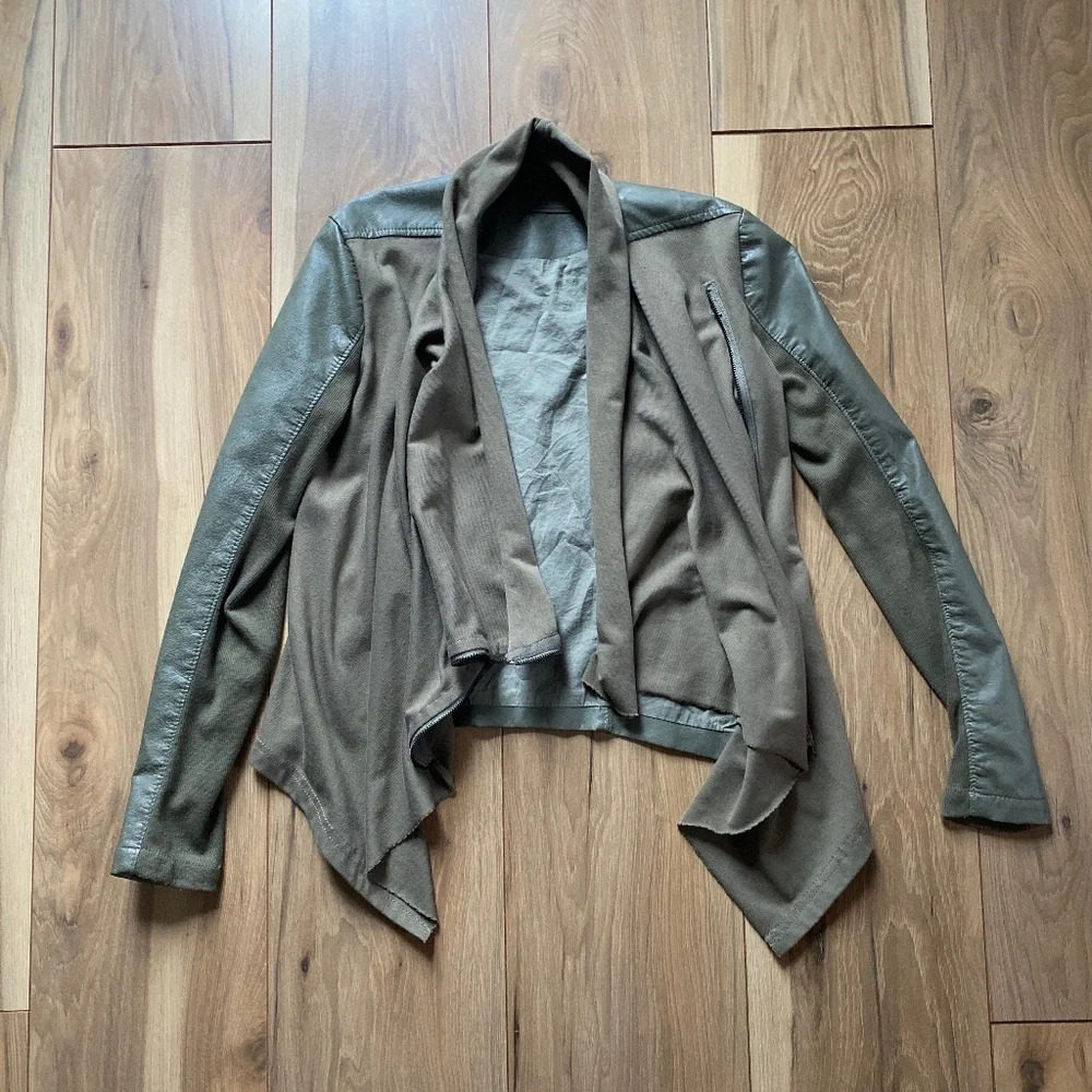 Blank NYC Draped Faux Leather Asymmetrical Jacket Olive Green S
